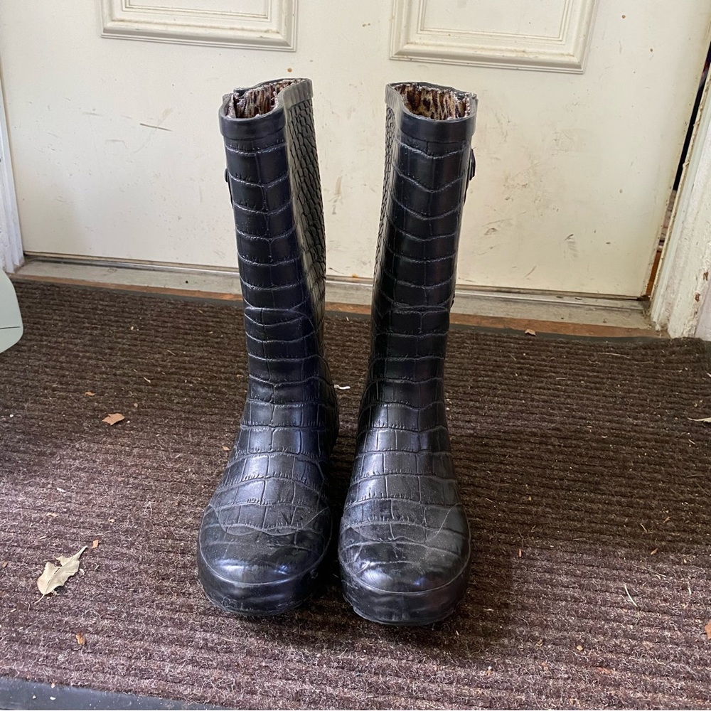 Black Faux Print Tall Rainboots